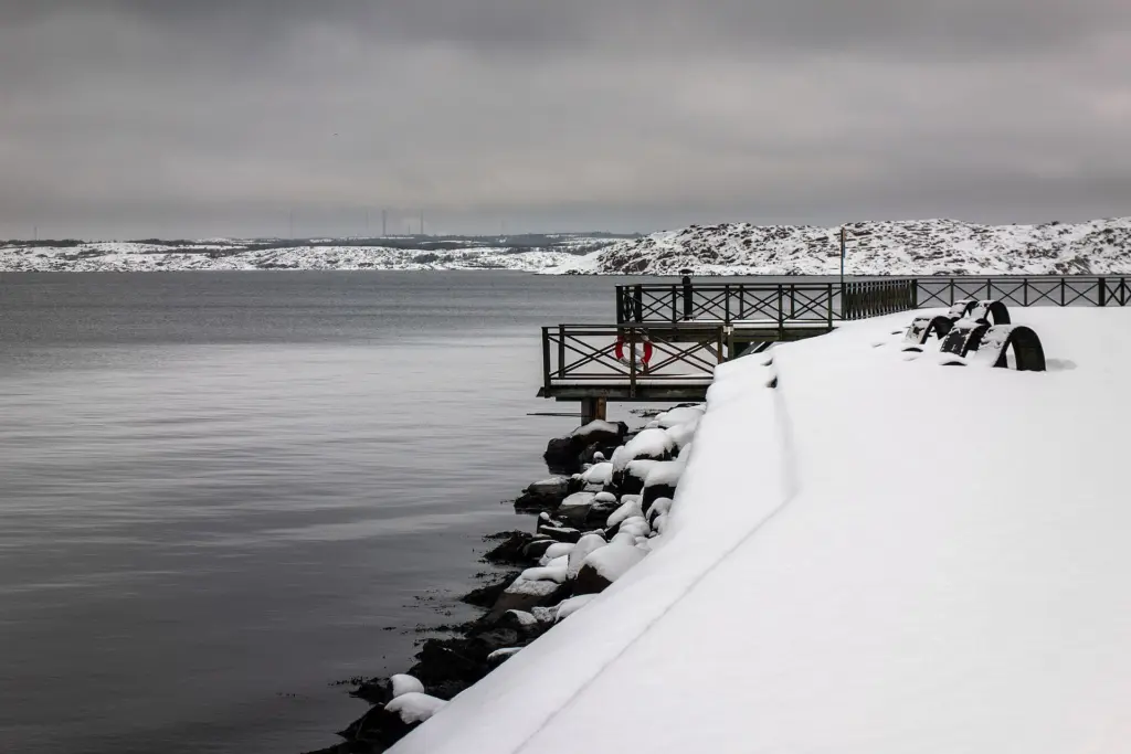 Bathing platforms in the North Harbor in winter, Lysekil, Sweden.
