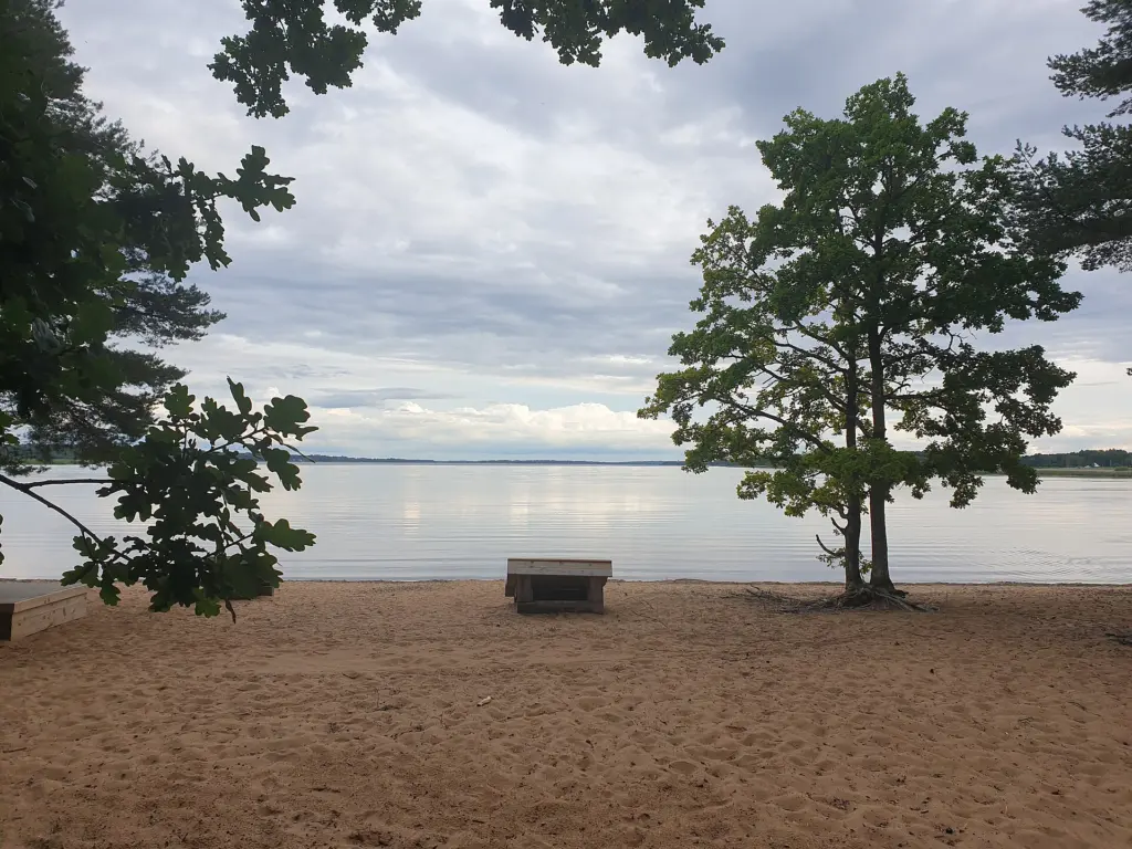Badestrand ved Osudden nær utløpet av elva Lagan i nordenden av innsjøen Vidöstern i Småland, Sverige.